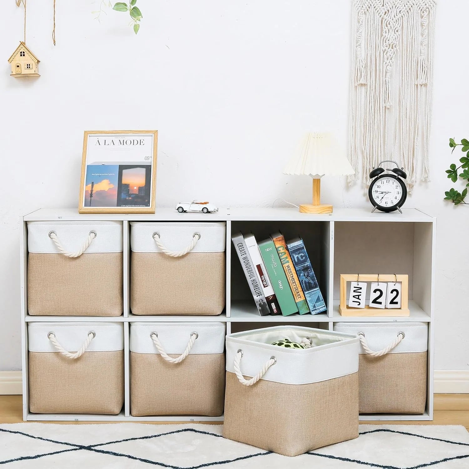 11 x 11 Inch Storage Cubes 6 Pack Large Collapsible Fabric Storage Bin White&amp;Beige