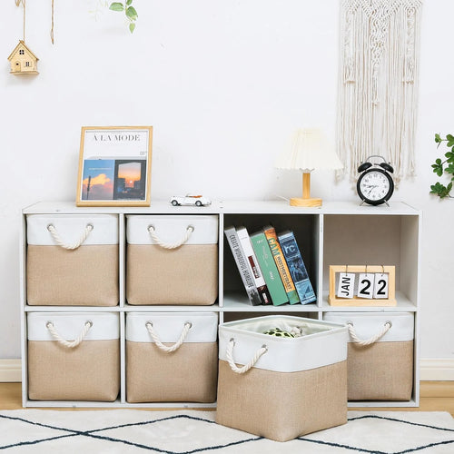 11 x 11 Inch Storage Cubes 6 Pack Large Collapsible Fabric Storage Bin White&amp;Beige