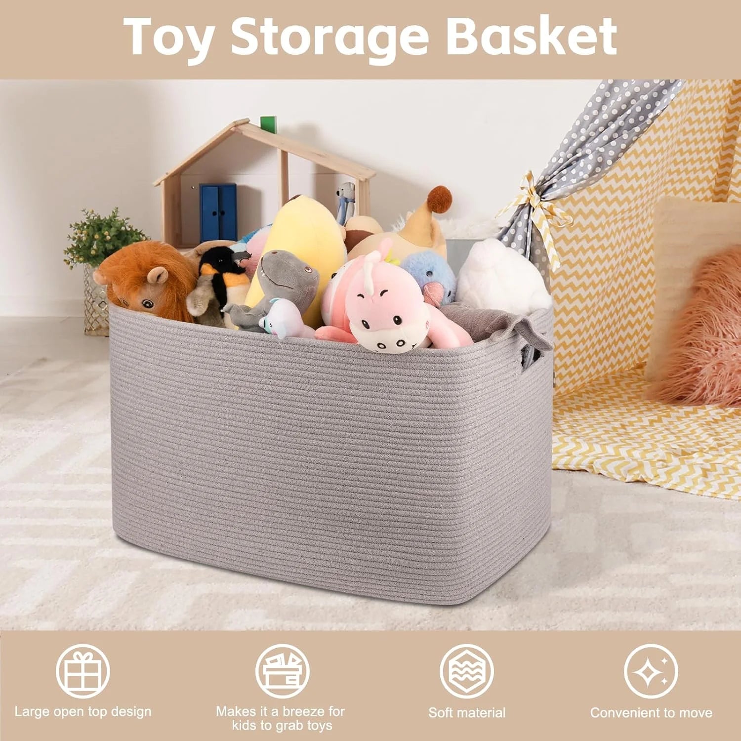 118L XXXLarge Cotton Rope Storage Basket Oversized Blanket Basket Used for Organizing Dirty Clothes in Living Room Bedroom Nursery Dog Toy Storage Bins 25" x 17" x 16",Grey