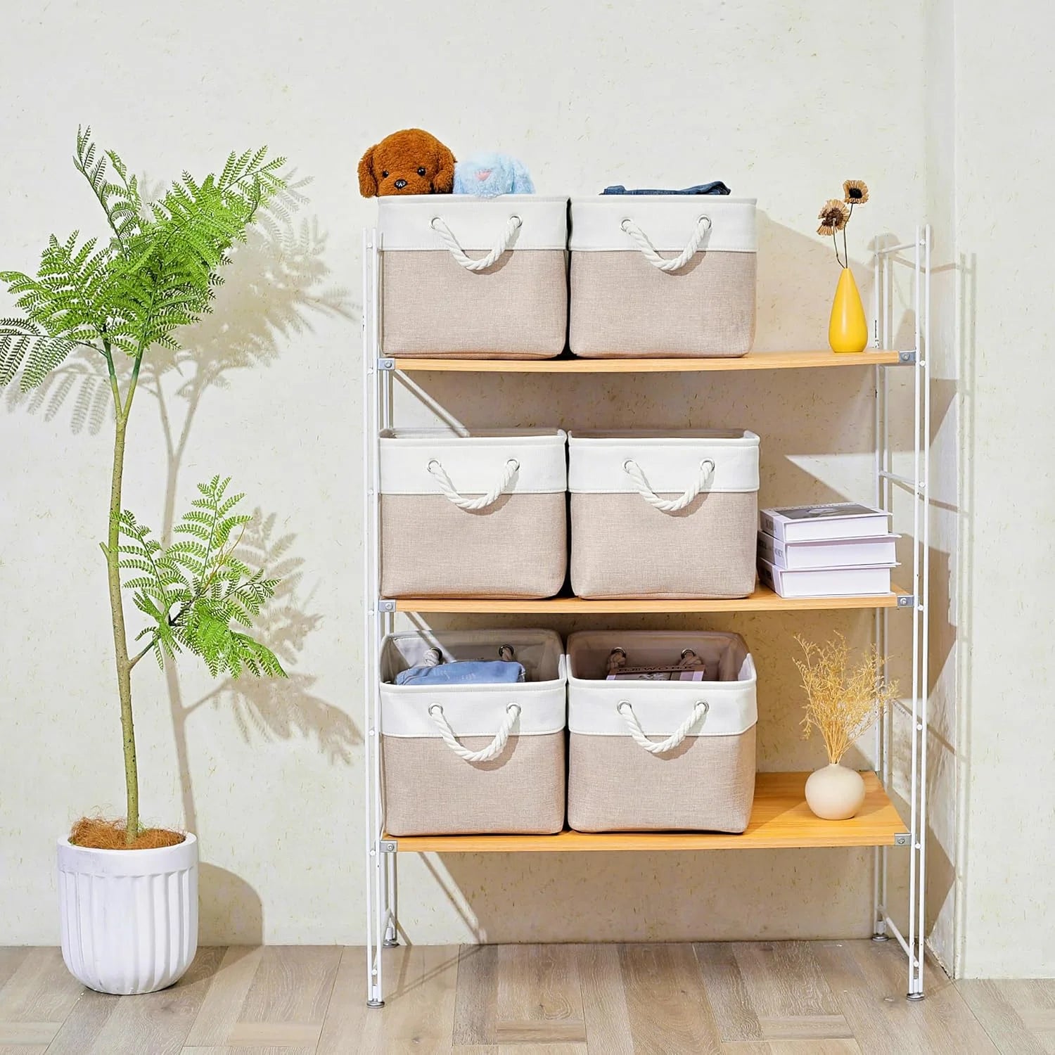 11 x 11 Inch Storage Cubes 6 Pack Large Collapsible Fabric Storage Bin White&amp;Beige