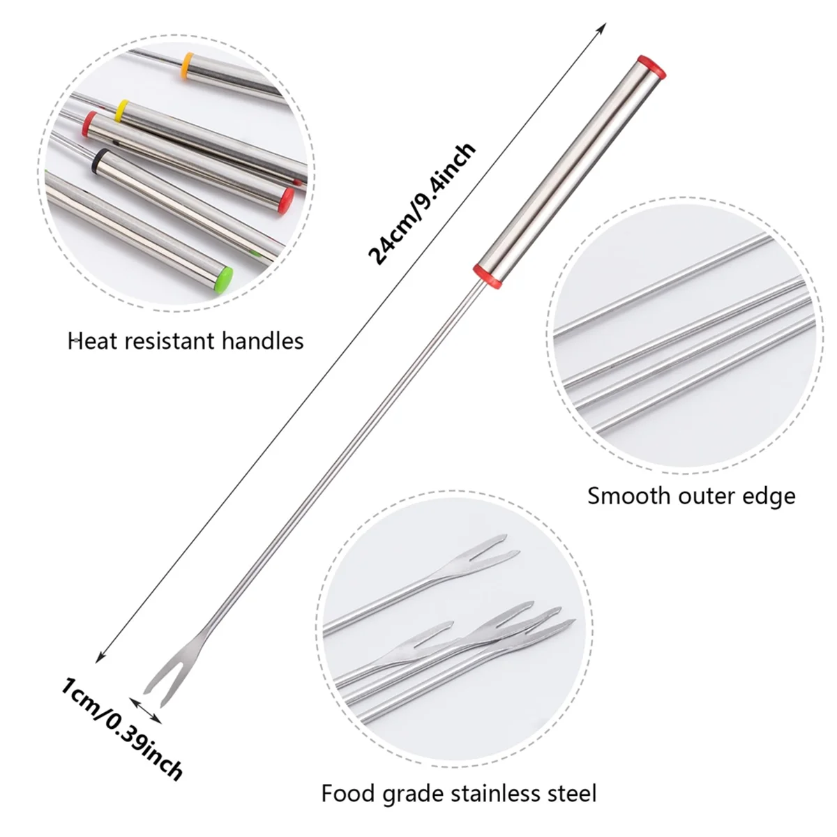 12PCS 9.5 Inch Color-Coded Stainless Steel Fondue Forks Cheese Fork Fruit with Heat-Blocking